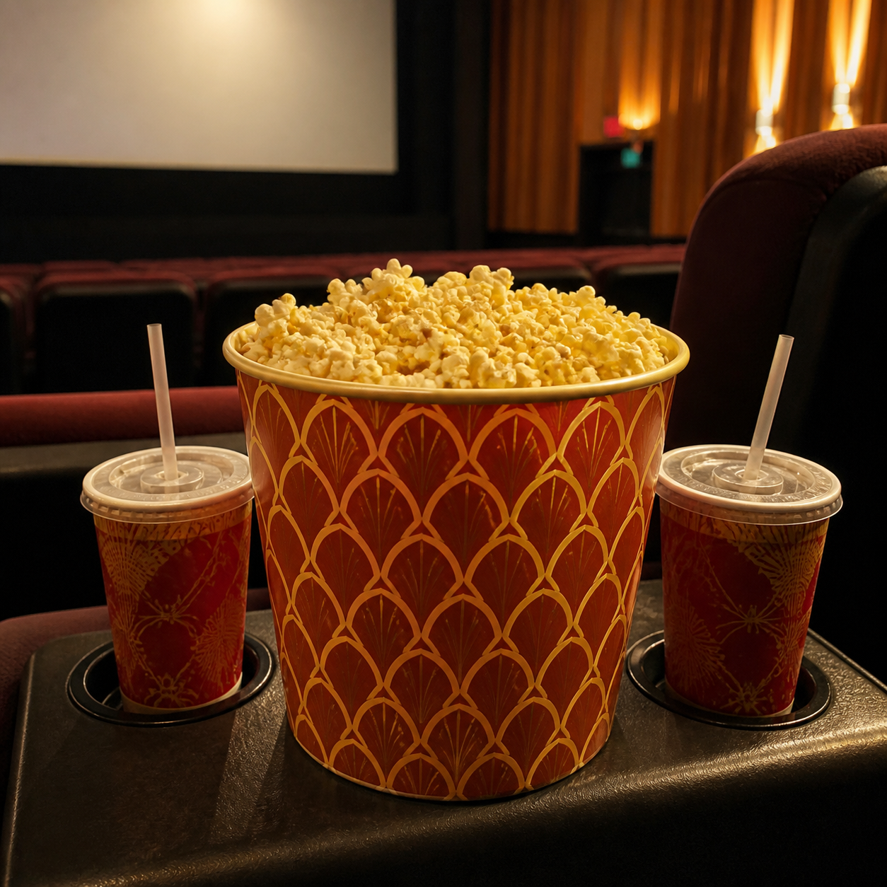 A popcorn bucket at the movies