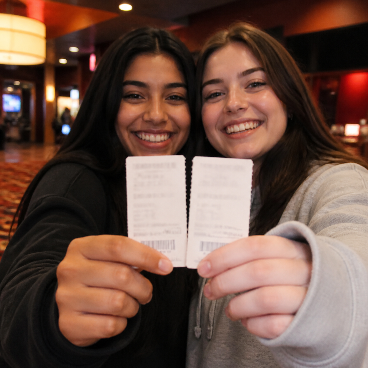 Friends holding movie tickets