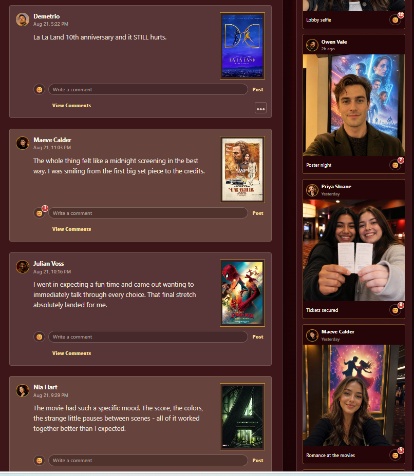 Kino Keep Friends Lobby showing movie reviews, poster recommendations, reactions, and friends' movie-night photos