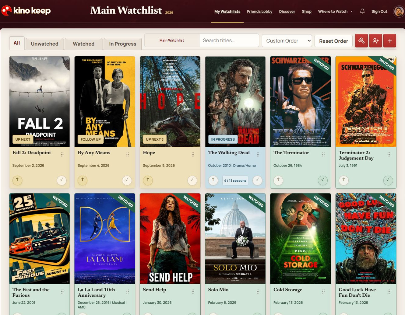The Main Watchlist in Kino Keep, displayed in custom order
