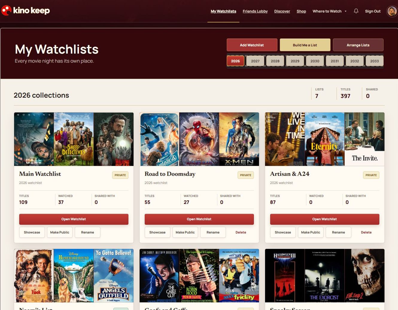 My Watchlists in Kino Keep, with seven collections organized for 2026