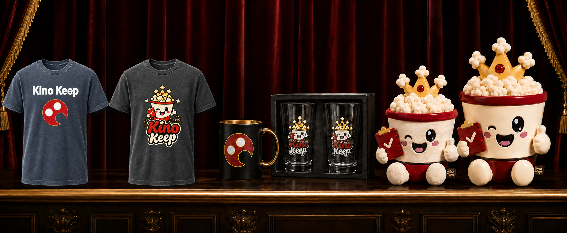 Photorealistic Kino Keep mineral-washed Reel and Pop Pop shirts, mug, clear pint glasses, Pop Pop plush, and snack bucket arranged on a theater stage