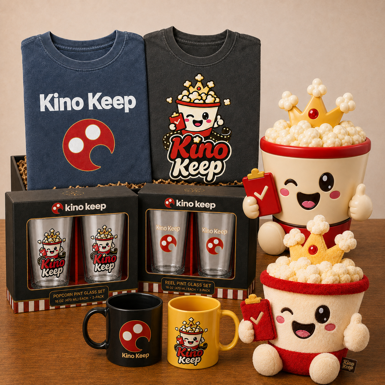 Kino Keep Keeper Kit with mineral-washed shirts, clear boxed pint sets, mugs, Pop Pop plush, and snack bucket