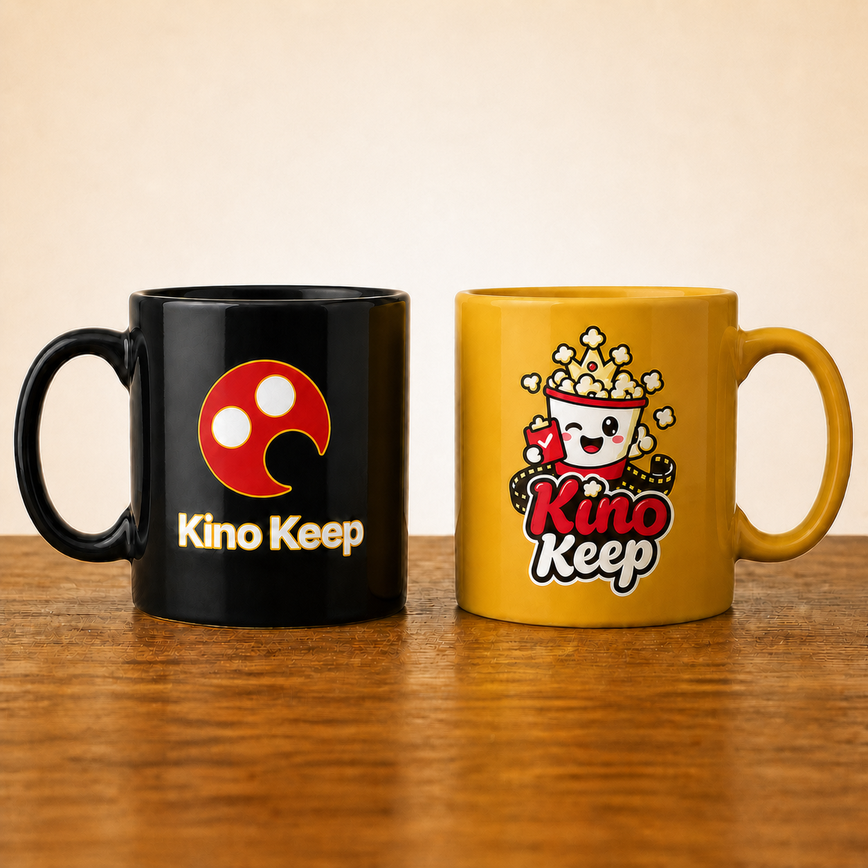 Black reel-logo mug and level-rimmed gold mug with the new Pop Pop artwork