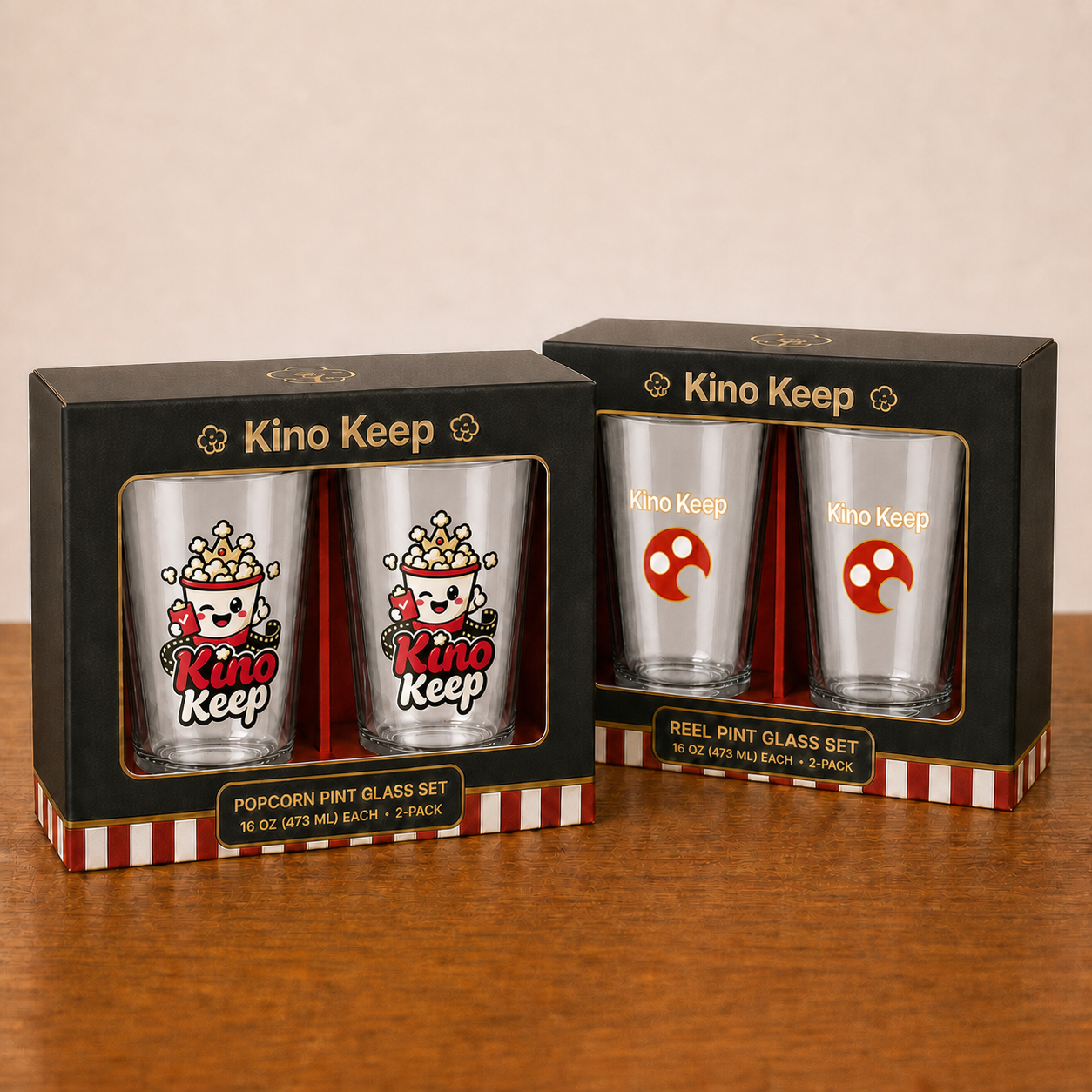 Angled premium clear Pop Pop and Reel pint glass two-pack boxes