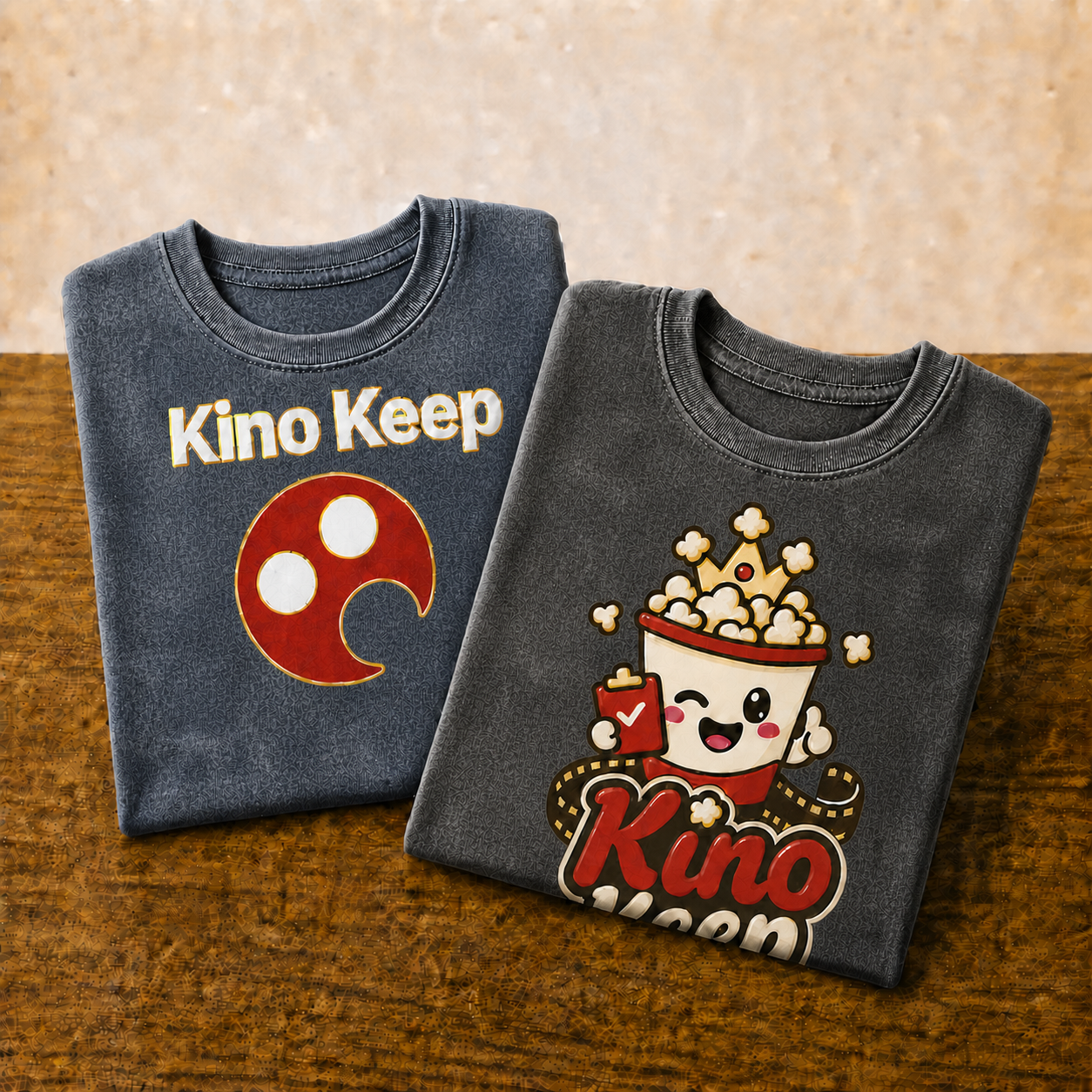 Folded blue Reel Tee and charcoal Pop Pop Tee with vintage mineral washing